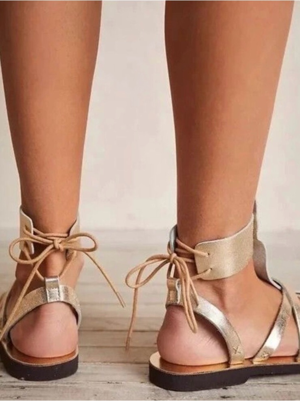 New! Free People Vacation Day Metallic Gold Leather Ankle-Strap Sandals Size 10 - Picture 3 of 12